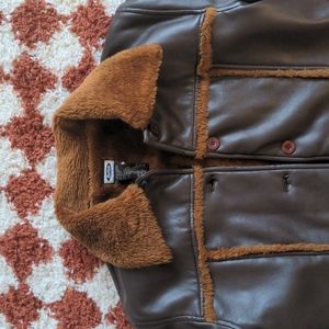 Vintage Chocolate Brown Leather Jacket with Shearling Details